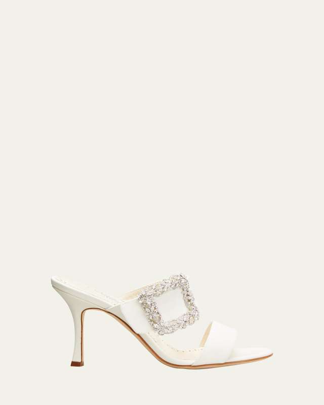 Gable Silk Crystal Buckle Slide Sandals, Cream