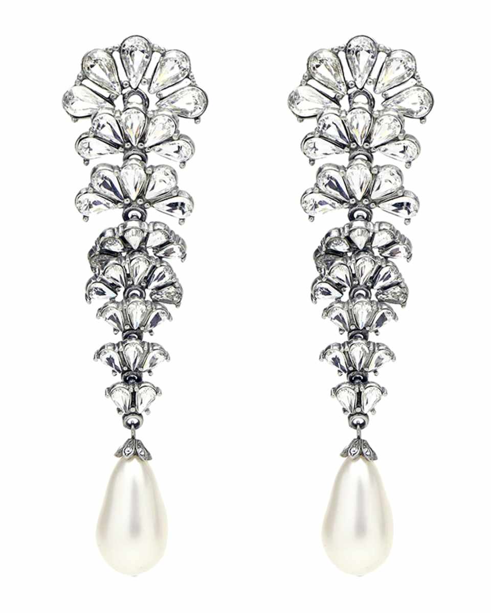 Crystal Fan Earrings w/ Pearly Teardrop