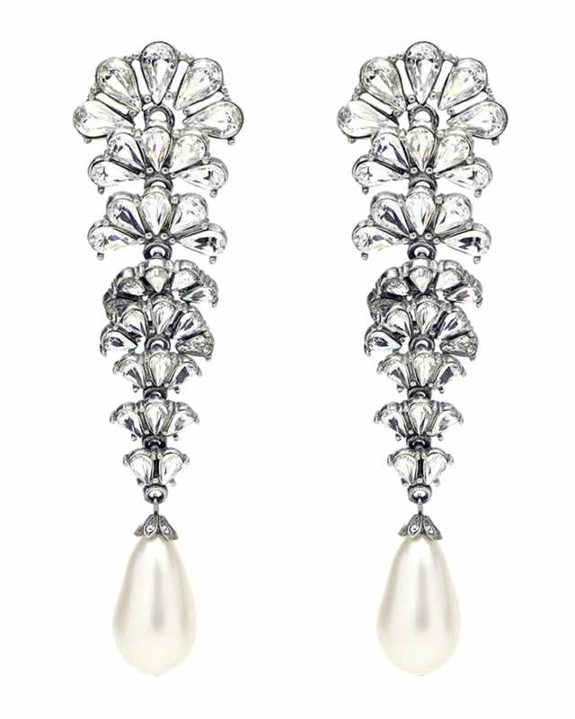 Crystal Fan Earrings w/ Pearly Teardrop