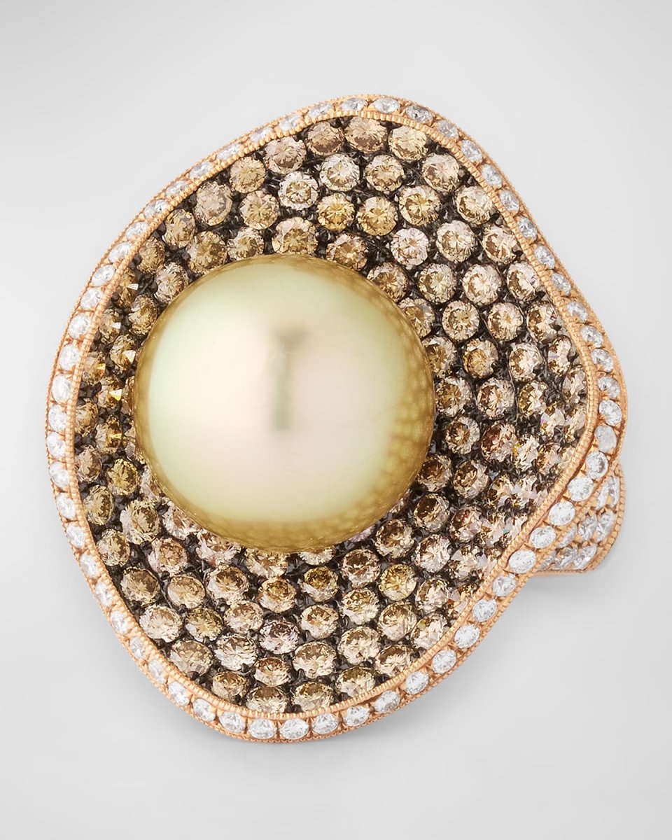 18K Rose Gold 12mm Golden South Sea Pearl and Diamond Ring, Size 7
