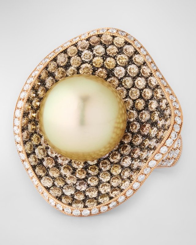 18K Rose Gold 12mm Golden South Sea Pearl and Diamond Ring, Size 7