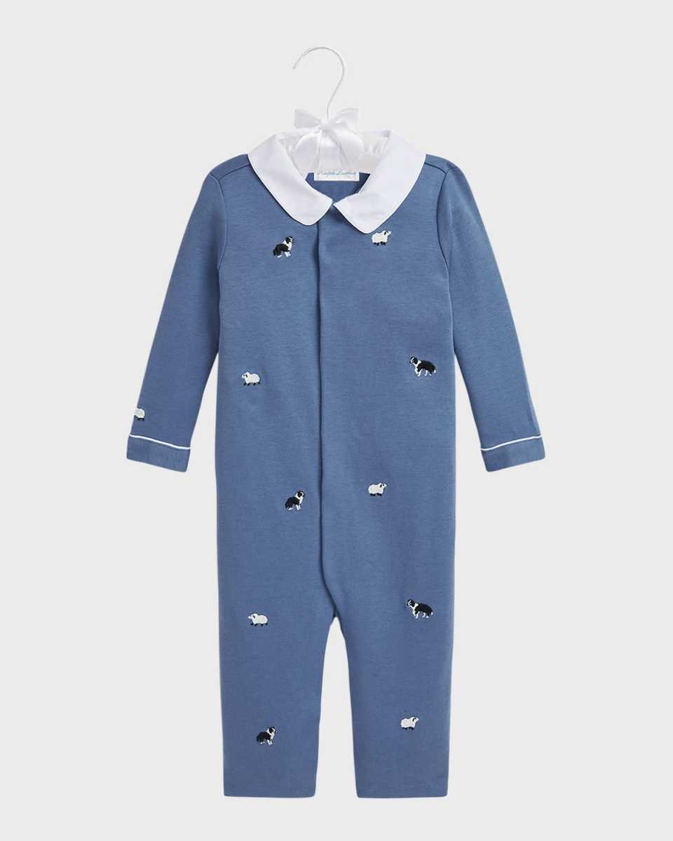 Boy's Embroidered Collared Coverall, Size Newborn-9M