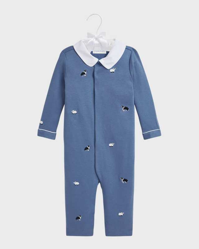 Boy's Embroidered Collared Coverall, Size Newborn-9M