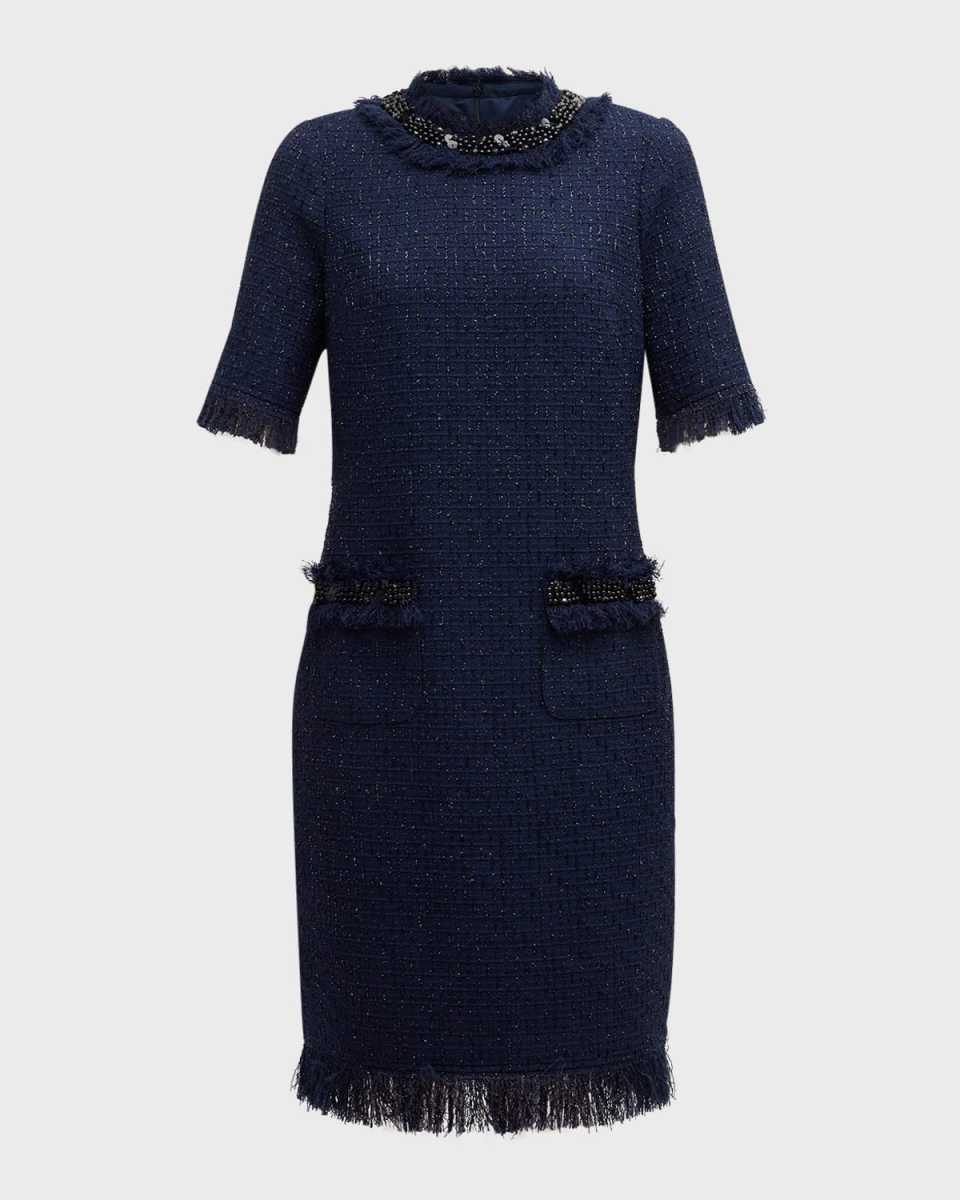 Beaded Fringe-Trim Boucle Midi Dress