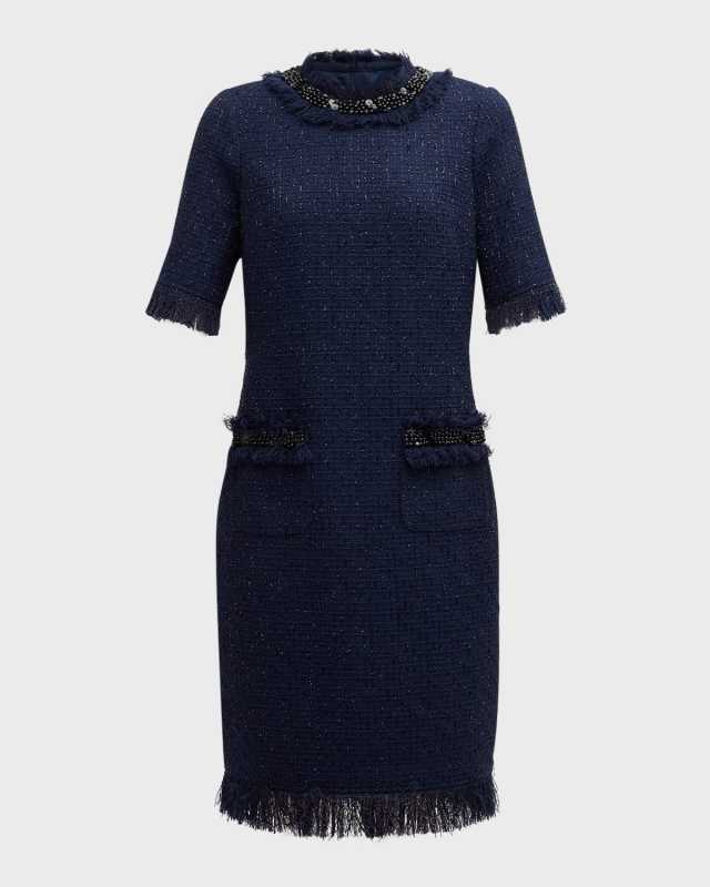 Beaded Fringe-Trim Boucle Midi Dress