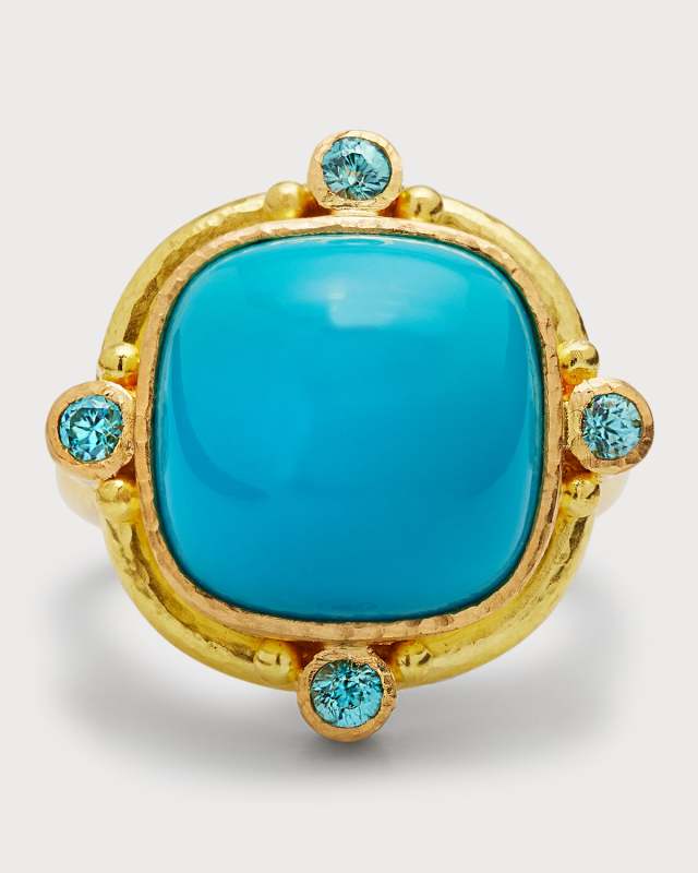 19K Square Cushion Sleeping Beauty Turquoise Ring, Size