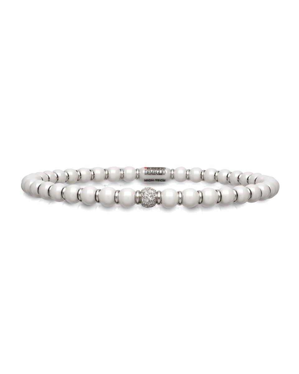 Sfera Ceramic and 18K White Gold Diamond 1-Bead Stretch Bracelet, White