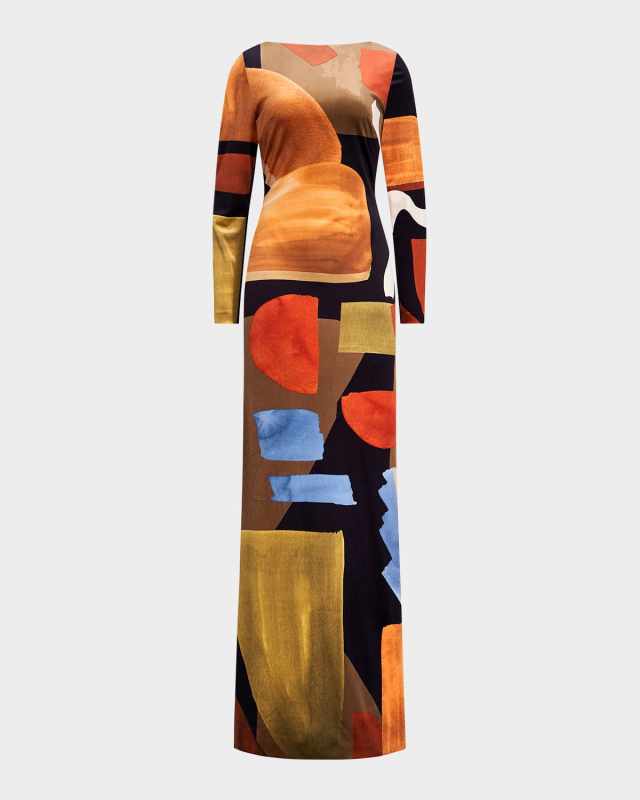 Klara Geometric-Print Velvet Gown