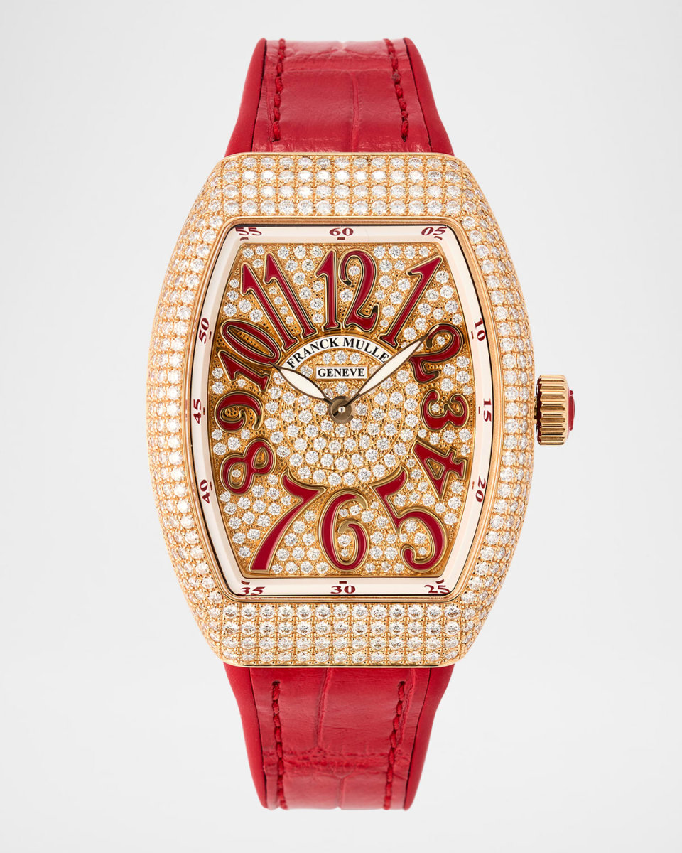 35mm 18K Rose Gold Vanguard Diamond Watch with Red Alligator Strap