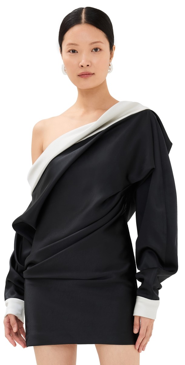 Prabal Gurung Long Sleeve One Shoulder Mini Dress Black/White