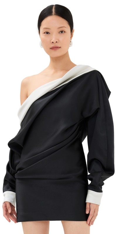 Prabal Gurung Long Sleeve One Shoulder Mini Dress Black/White