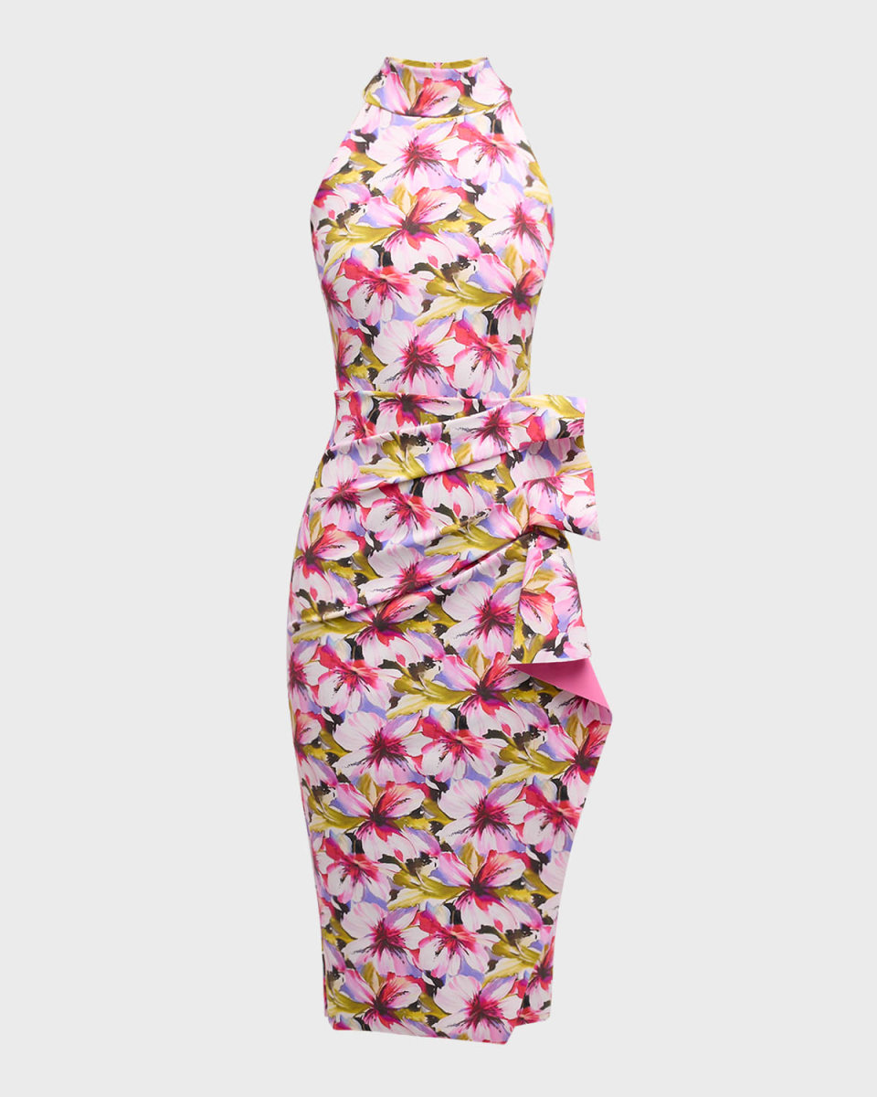 Printed Sleeveless Side-Drape Dress