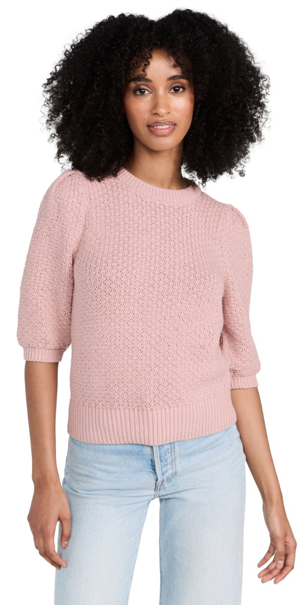 White + Warren Cotton Tuck Stitch Puff Sleeve Top MUTED ROSE