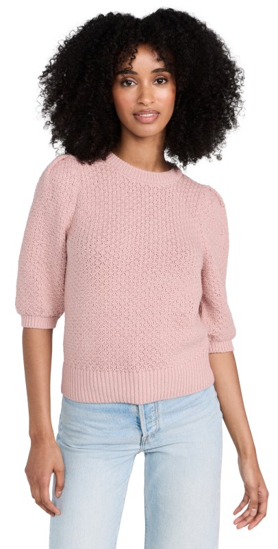 White + Warren Cotton Tuck Stitch Puff Sleeve Top MUTED ROSE