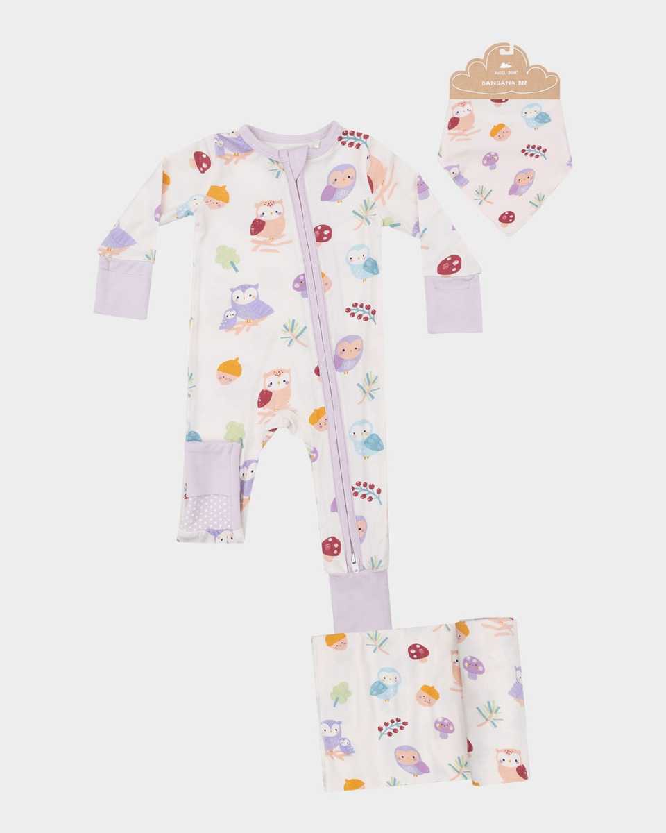 Girl's Cute Owls Footie W/ Swaddle & Bib Set, Size Newborn-24