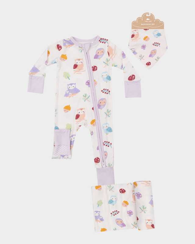 Girl's Cute Owls Footie W/ Swaddle & Bib Set, Size Newborn-24