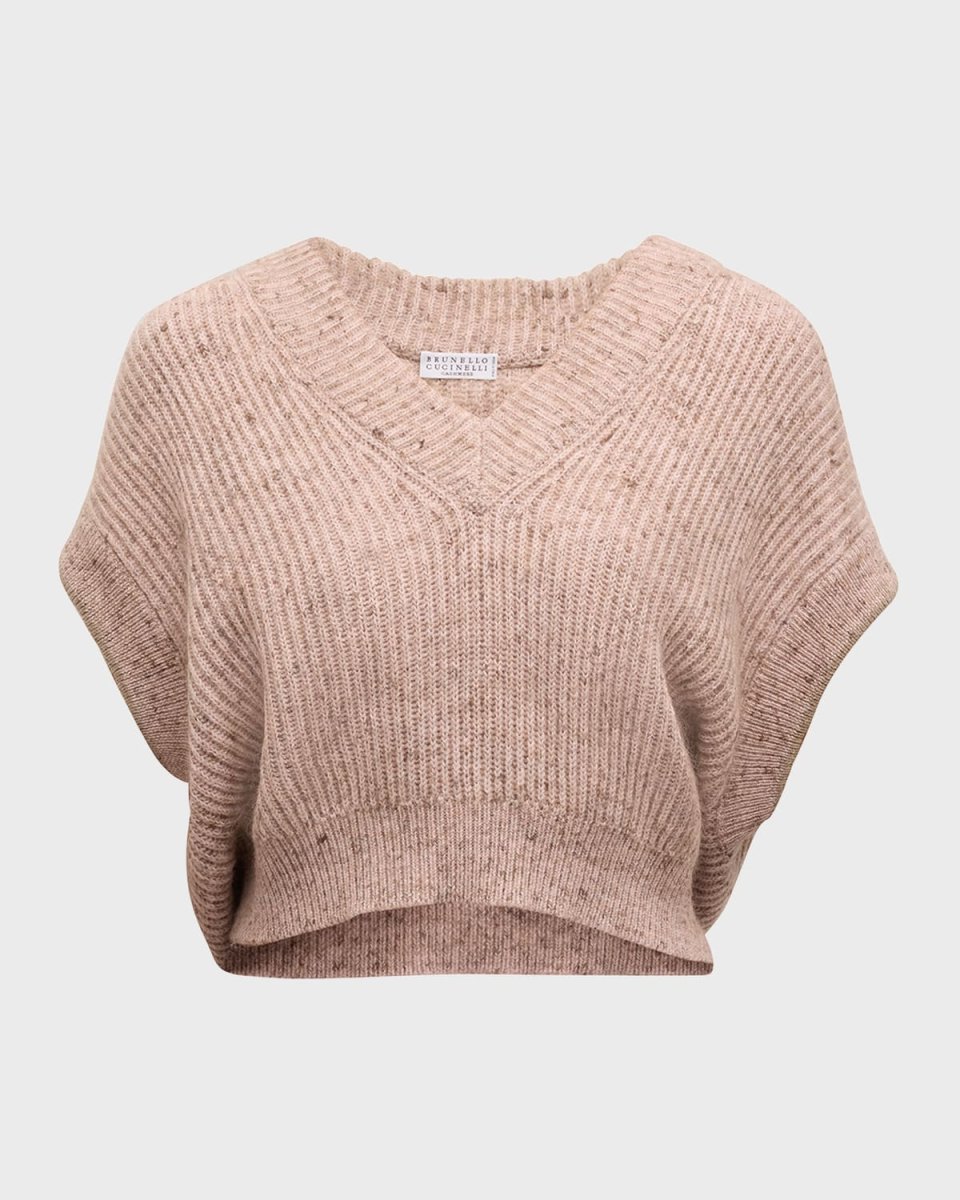 Mohair Melange Knit V-Neck Cap-Sleeve Crop Sweat
