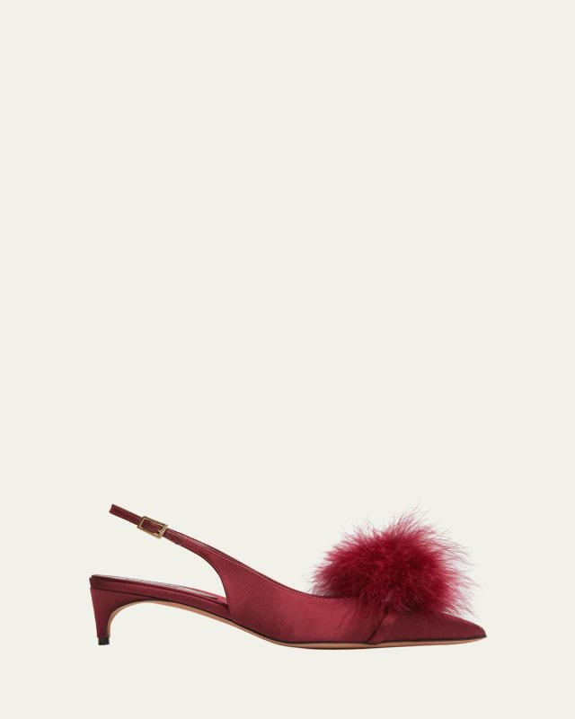 Andrea Satin Feather Pom Slingback Pumps