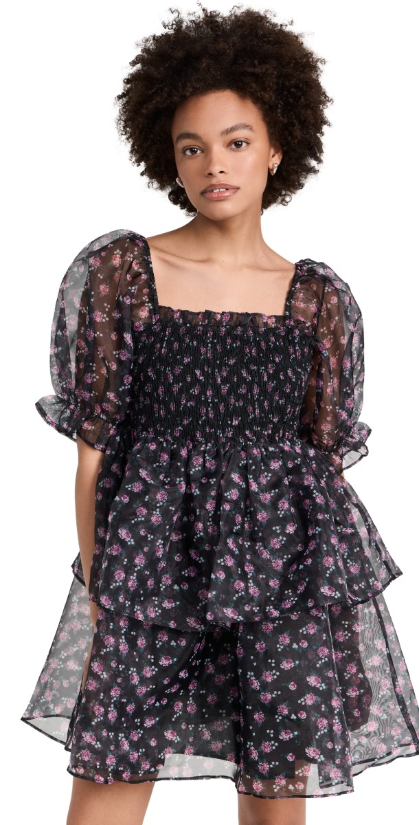 English Factory Floral Organza Double Ruffled Baby Doll Black/Navy