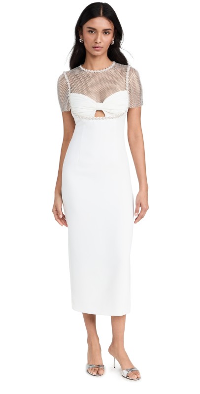 Self Portrait White Crepe Diamante Midi Dress White