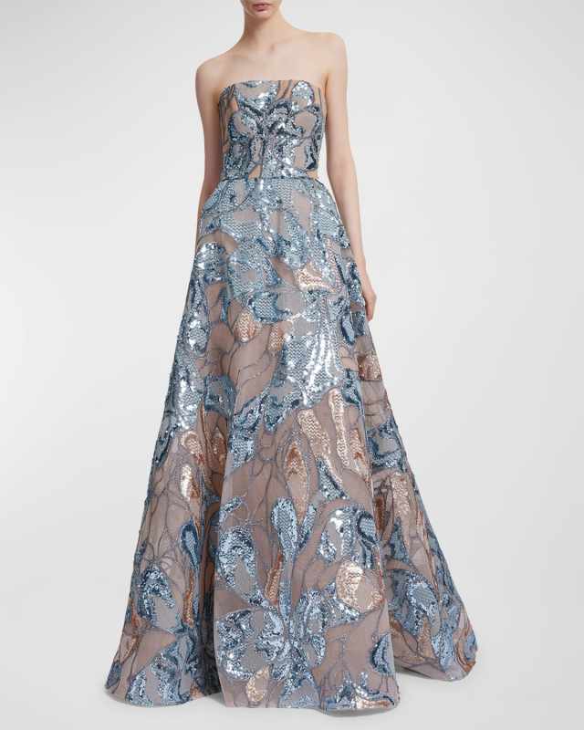 Tulle Embroidered Strapless Gown with Sequin Detail