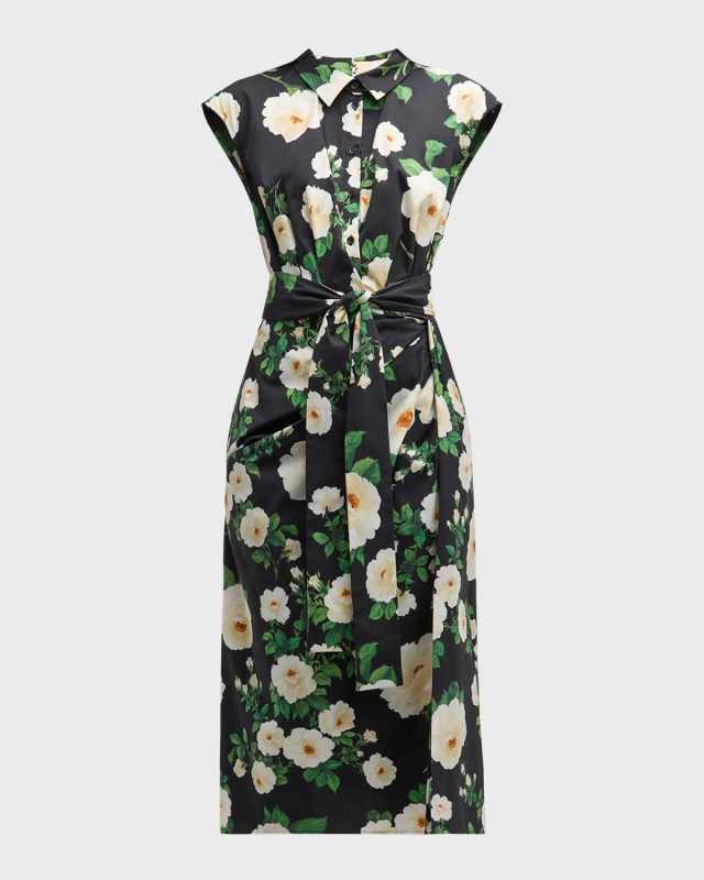 Floral Button Front Self-Tie Midi Shirt Dress