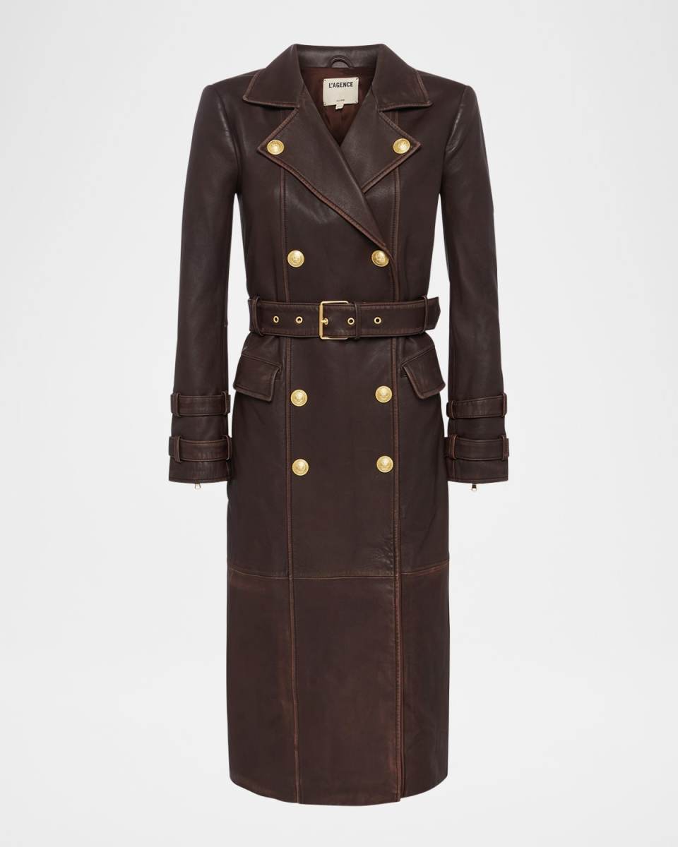 Celina Double-Breasted Leather Trench Coat