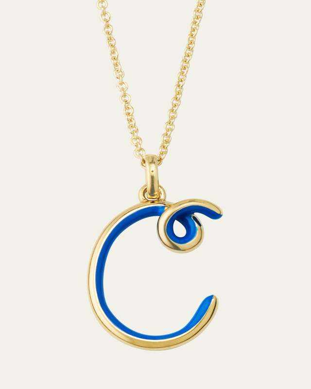 Letter C Pendant Necklace in 9K YG with Half Enamel in Cobalt