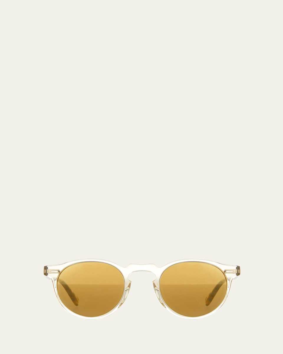 Gregory Peck Round Plastic Sunglasses, Clear/Tortoise