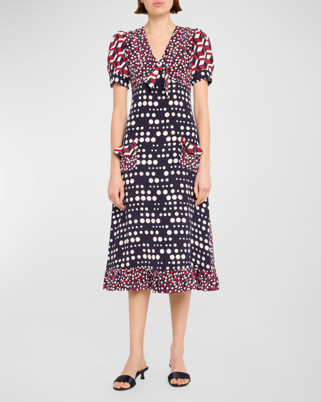 Red White and Blue Mash-Up Ruffle Midi Dress