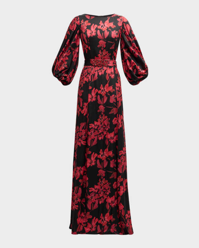 Belted Floral-Print Twill Gown
