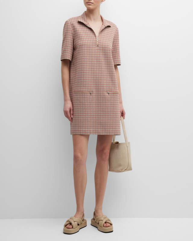 Houndstooth Zip-Up Shift Dress