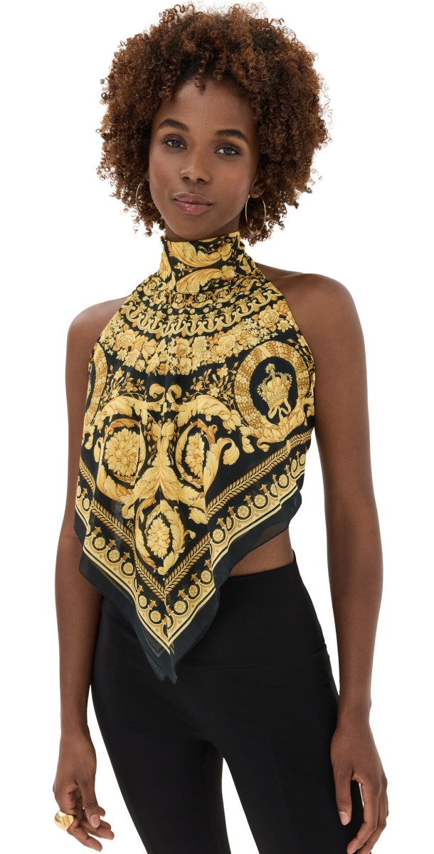 Versace Beachwear Cotton Silk Voile Fabric Baroque Print Top 5B000-Black+Gold