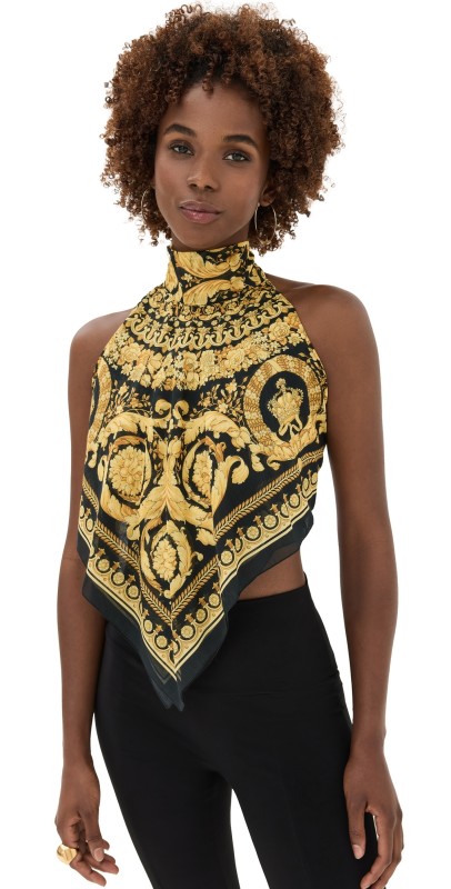 Versace Beachwear Cotton Silk Voile Fabric Baroque Print Top 5B000-Black+Gold