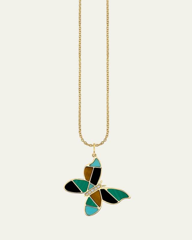Mosaic Gemstone Butterfly Pendant with Diamonds on Tiffany Chain Necklace