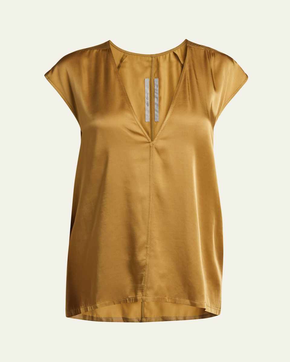 Short-Sleeve V-Neck Satin Top