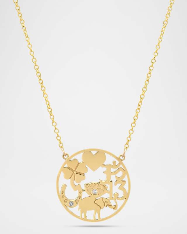 18K Yellow Gold Open Good Luck Pendant Necklace with Diamonds