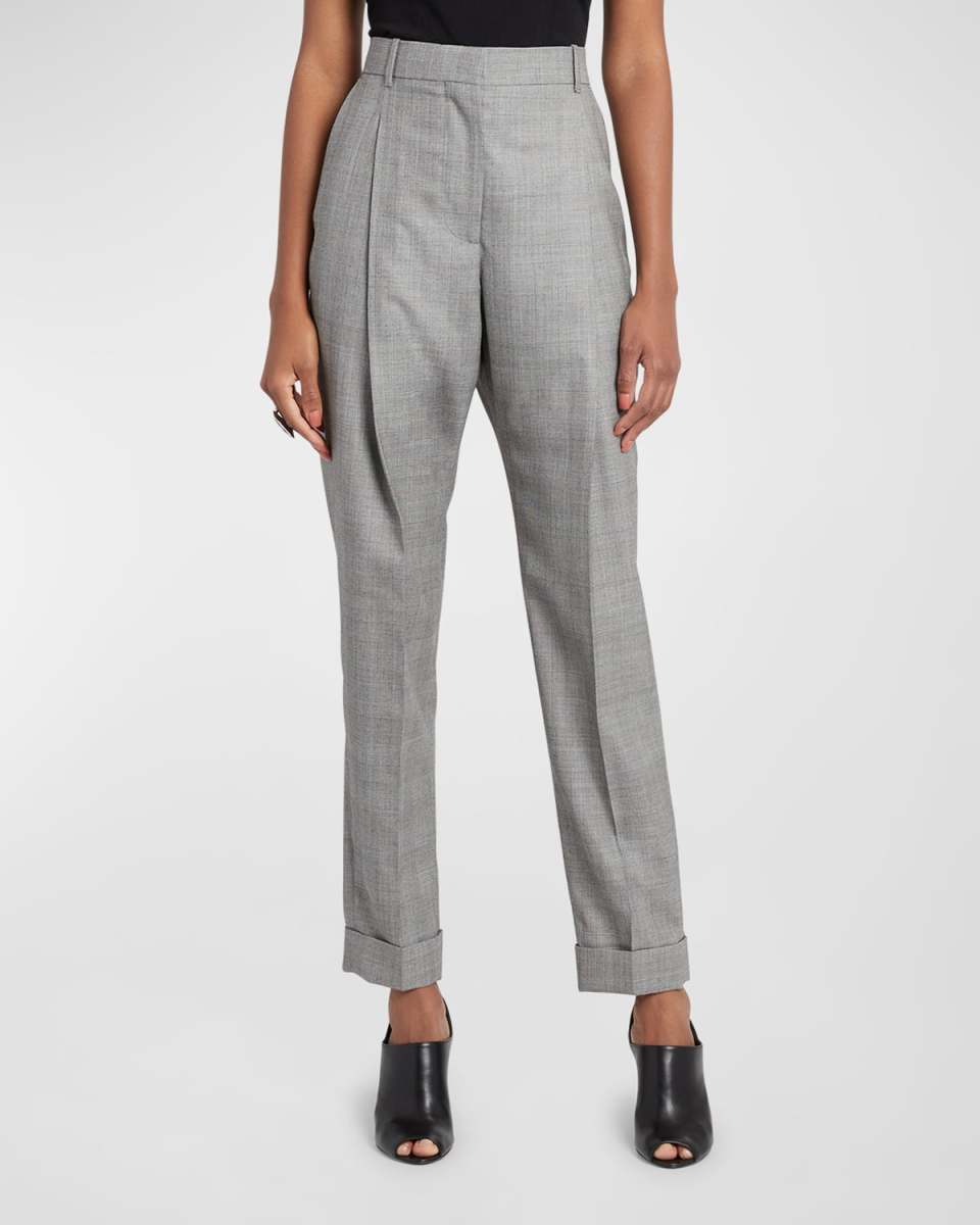 High-Rise Pleated Straight-Leg Ankle Roll-Hem Trousers