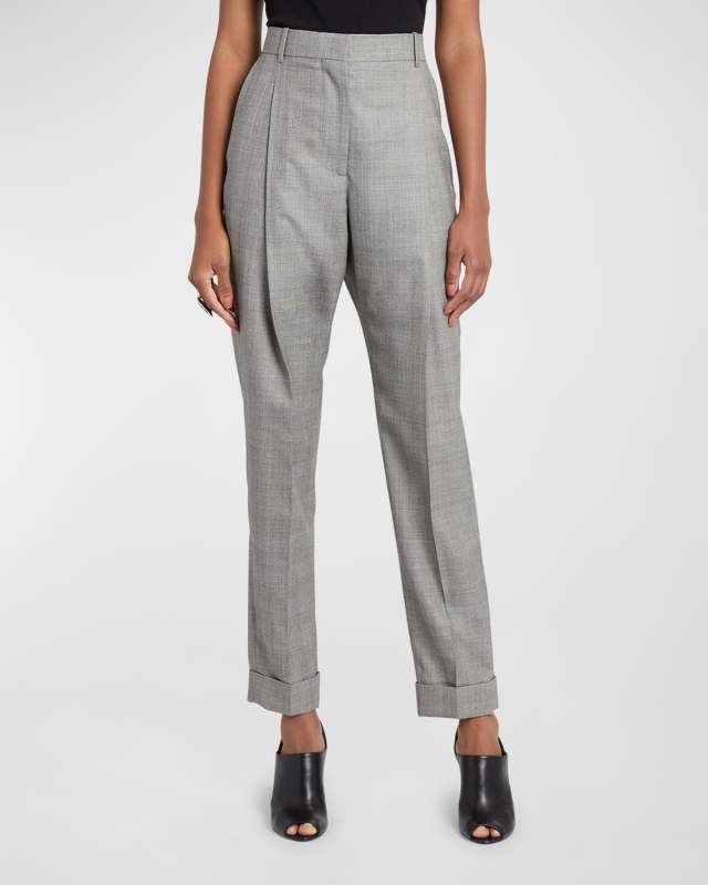 High-Rise Pleated Straight-Leg Ankle Roll-Hem Trousers