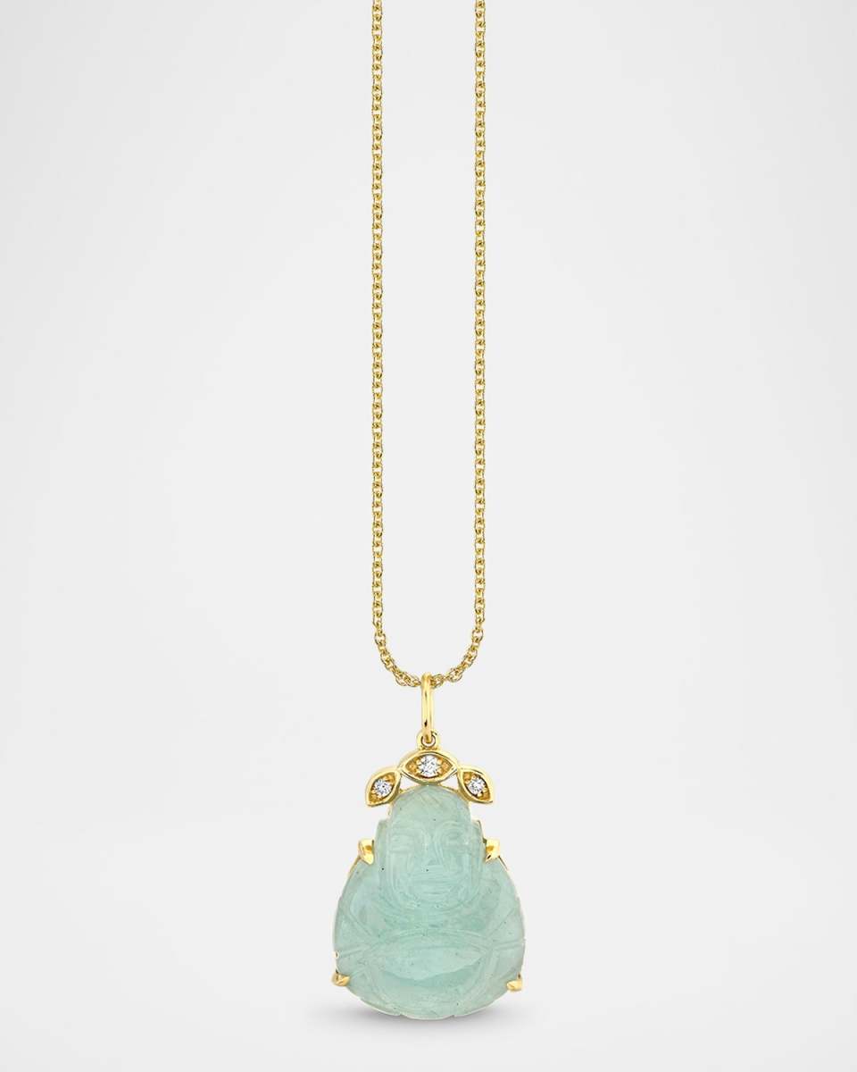 14K Gold Aquamarine Buddha and Marquise Eye Pendant Necklace