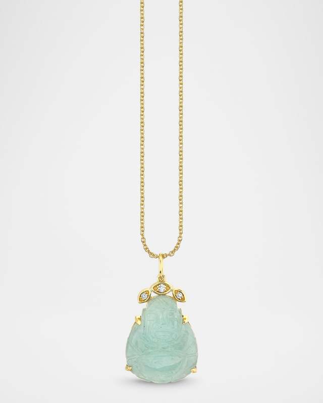 14K Gold Aquamarine Buddha and Marquise Eye Pendant Necklace
