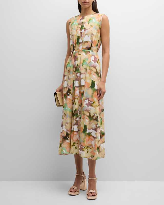 Pleated Sleeveless Watercolor-Print Midi Dress