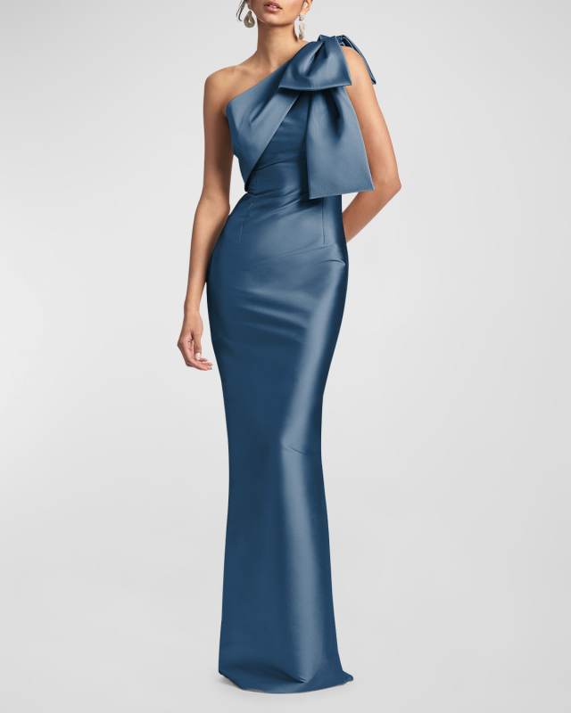 Bonne One-Shoulder Bow Column Gown
