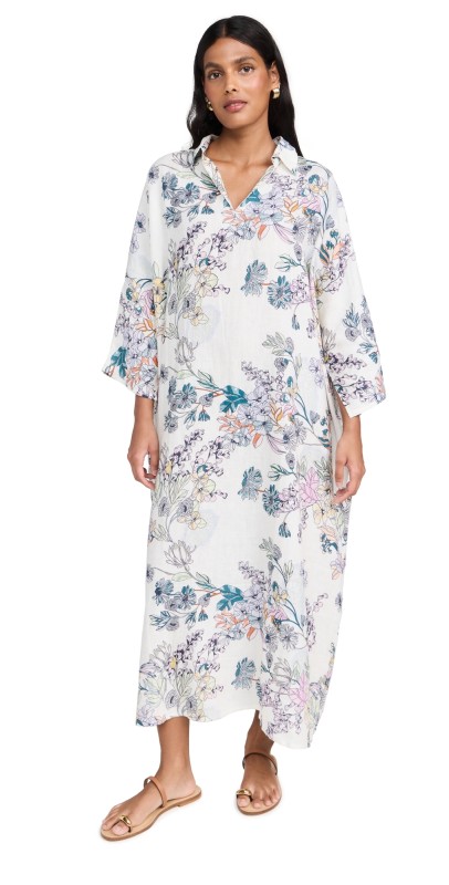 La Vie Style House Floral Linen Everyday Dress White/Blue Multi