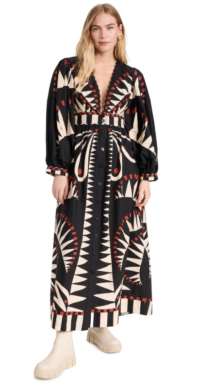 FARM Rio Coconut Grove Black V Neckline Puffed Sleeve Maxi COCONUT GROOVE BLACK