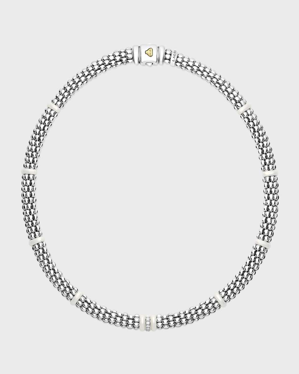 Sterling Silver and Gold White Caviar White Ceramic Diamond Link Necklace
