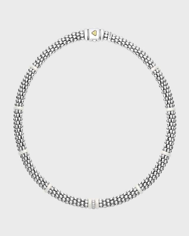 Sterling Silver and Gold White Caviar White Ceramic Diamond Link Necklace