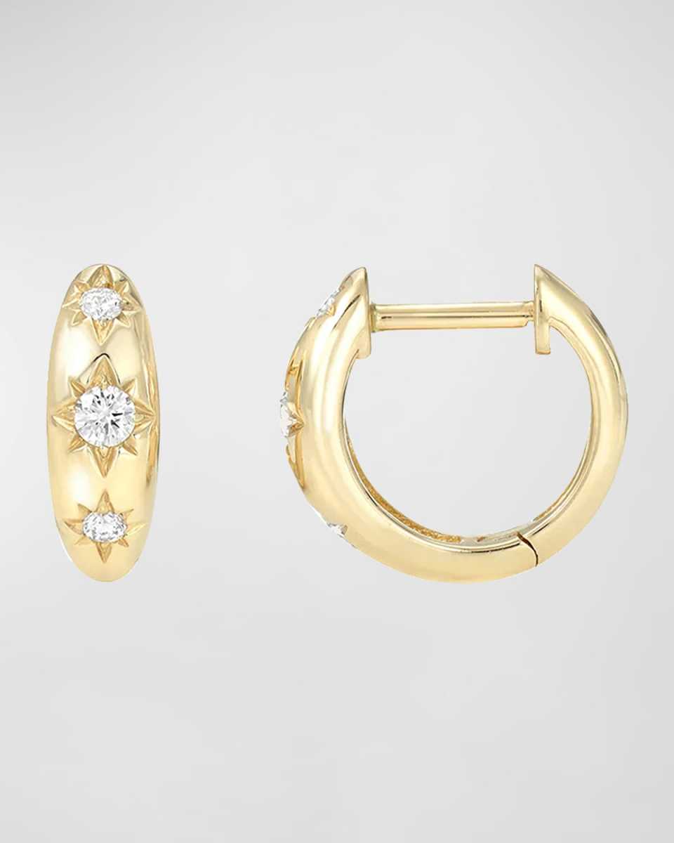 14K Gold Diamond Domed Starburst Huggie Earrings