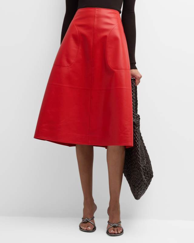 Cashmere Nappa Leather Midi A-Line Skirt