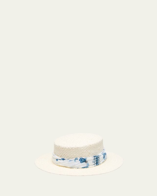 Kiki Straw Boater Hat With Printed Scarf